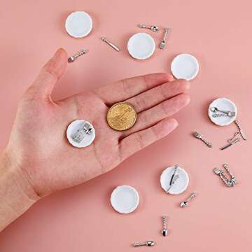 12 Pieces 1:12 Scale Miniature Plates and 12 Pieces Knives Forks Spoons Metal Tableware Dollhouse Miniatures Porcelain Plate Set Dollhouse Kitchen Decoration Accessories
