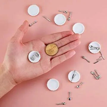 12 Pieces 1:12 Scale Miniature Plates and 12 Pieces Knives Forks Spoons Metal Tableware Dollhouse Miniatures Porcelain Plate Set Dollhouse Kitchen Decoration Accessories