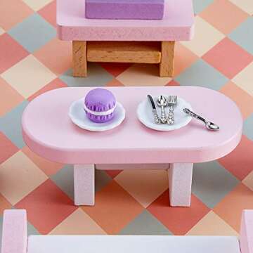 12 Pieces 1:12 Scale Miniature Plates and 12 Pieces Knives Forks Spoons Metal Tableware Dollhouse Miniatures Porcelain Plate Set Dollhouse Kitchen Decoration Accessories