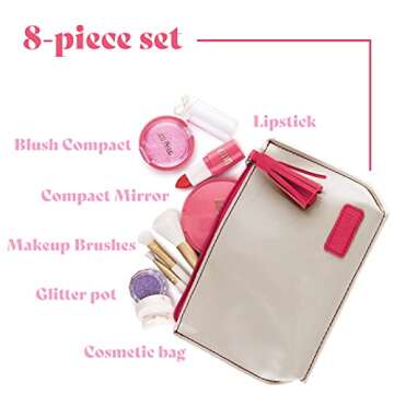 Pretend Makeup for Girls - 8 Piece Set - Play Accessories Kit - PU Leather Cosmetic Case - Toddler M...