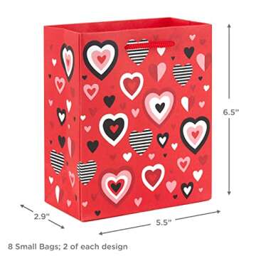 Hallmark 6" Small Valentine's Day Gift Bags (8 Bags, 4 Designs: Hearts, Rainbows, Pug Puppy) for Kids, Classroom Parties, Galentines Day