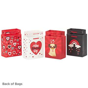 Hallmark 6" Small Valentine's Day Gift Bags (8 Bags, 4 Designs: Hearts, Rainbows, Pug Puppy) for Kids, Classroom Parties, Galentines Day