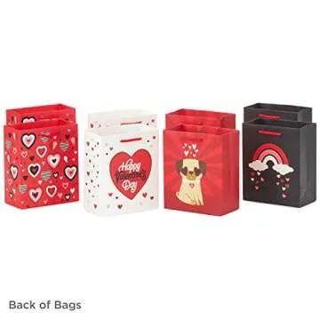Hallmark 6" Small Valentine's Day Gift Bags (8 Bags, 4 Designs: Hearts, Rainbows, Pug Puppy) for Kids, Classroom Parties, Galentines Day