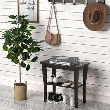 Greenual Bamboo Shower Bench 2-Tier Spa Shower Stool for Inside Shower with Storage Shelf and Non-Slip Feet Shower Chair Seat Organizer for Bathroom or Living Room Black