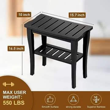 Greenual Bamboo Shower Bench 2-Tier Spa Shower Stool for Inside Shower with Storage Shelf and Non-Slip Feet Shower Chair Seat Organizer for Bathroom or Living Room Black