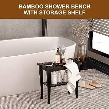 Greenual Bamboo Shower Bench 2-Tier Spa Shower Stool for Inside Shower with Storage Shelf and Non-Slip Feet Shower Chair Seat Organizer for Bathroom or Living Room Black