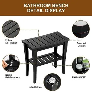 Greenual Bamboo Shower Bench 2-Tier Spa Shower Stool for Inside Shower with Storage Shelf and Non-Slip Feet Shower Chair Seat Organizer for Bathroom or Living Room Black