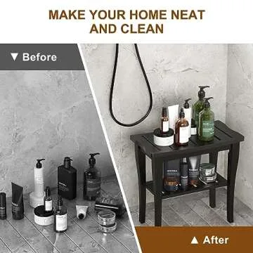 Greenual Bamboo Shower Bench 2-Tier Spa Shower Stool for Inside Shower with Storage Shelf and Non-Slip Feet Shower Chair Seat Organizer for Bathroom or Living Room Black