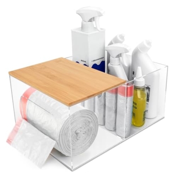 JYPS 2 in 1 Extra Large Trash Bag Holder with Bamboo Lid, Acrylic Under Sink Trash Bag Organizer for...