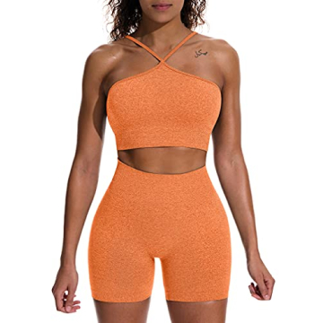 HYZ Women's Workout 2 Piece Outfits High Waist Running Shorts Seamless Gym Yoga Crop Top Bra Sets Orange