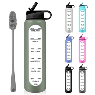 PROBTTL 32 Oz Glass Water Bottles with Time Marker & Straw - Glass water bottle with Bottle Brush - ...