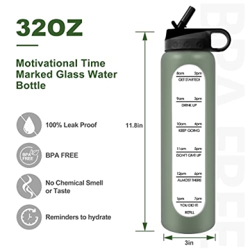 PROBTTL 32 Oz Glass Water Bottle with Time Marker