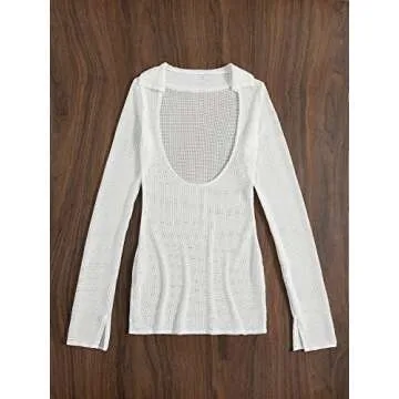 MakeMeChic Women's Crochet Cover Up Dress Long Sleeve Knitted Sheer Swimwear Beach Cover Up Dress A White M