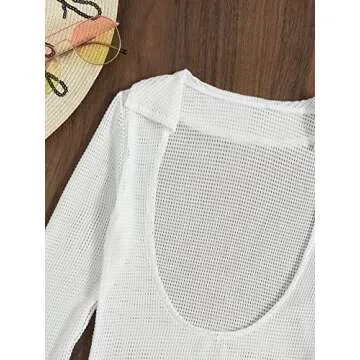 MakeMeChic Women's Crochet Cover Up Dress Long Sleeve Knitted Sheer Swimwear Beach Cover Up Dress A White M