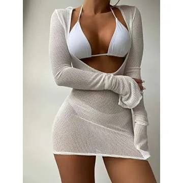 MakeMeChic Women's Crochet Cover Up Dress Long Sleeve Knitted Sheer Swimwear Beach Cover Up Dress A White M