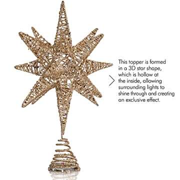Ornativity Whie Gold Star Tree Topper – Christmas Gold 3D Glitter Star Toppers Ornament Treetop Xm...