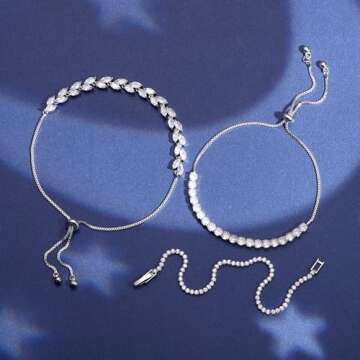 14K Silver Plated Tennis Bracelet Cubic Zirconia Classic Adjustable Bracelet Silver Bracelets for Women Birthday Valentine Mother's Day Jewelry (GSZH-001)
