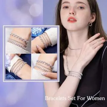 14K Silver Plated Tennis Bracelet Cubic Zirconia Classic Adjustable Bracelet Silver Bracelets for Women Birthday Valentine Mother's Day Jewelry (GSZH-001)