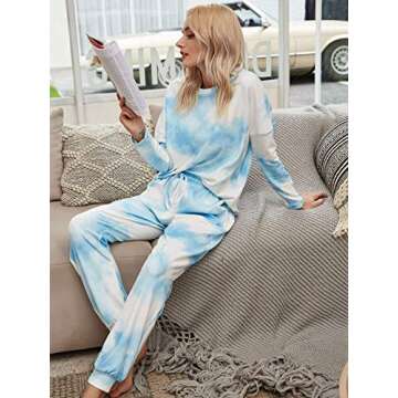 Mallene Women’s Tie Dye Printed Pajamas Set Casual Two Piece Loungewear Long Sleeve Pullover Tops and Pants Sleepwear, Large, Blue