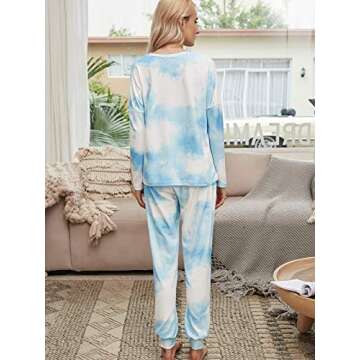 Mallene Women’s Tie Dye Printed Pajamas Set Casual Two Piece Loungewear Long Sleeve Pullover Tops and Pants Sleepwear, Large, Blue
