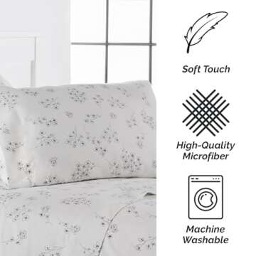 Southshore Fine Living, Inc. Sweet Florals Collection, 4-Piece Deep Pocket Full Size Sheets Set, 14" Deep Pocket Fitted Sheet, Full Flat Sheet, Grey Sheets, Grey Pillow Cases Set of 2, Floral Bedding