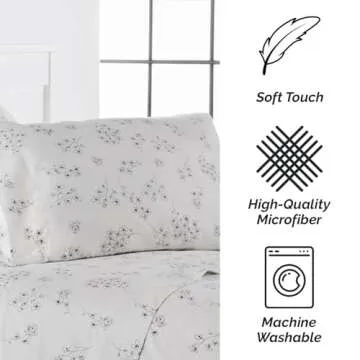 Southshore Fine Living, Inc. Sweet Florals Collection, 4-Piece Deep Pocket Full Size Sheets Set, 14" Deep Pocket Fitted Sheet, Full Flat Sheet, Grey Sheets, Grey Pillow Cases Set of 2, Floral Bedding