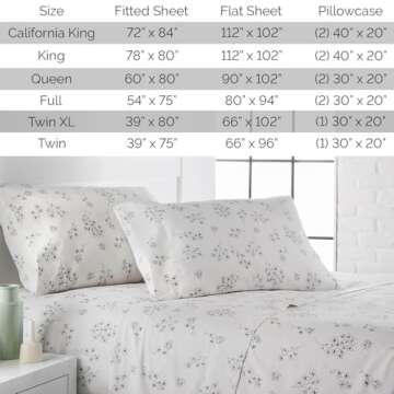 Southshore Fine Living, Inc. Sweet Florals Collection, 4-Piece Deep Pocket Full Size Sheets Set, 14" Deep Pocket Fitted Sheet, Full Flat Sheet, Grey Sheets, Grey Pillow Cases Set of 2, Floral Bedding
