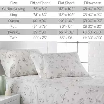 Southshore Fine Living, Inc. Sweet Florals Collection, 4-Piece Deep Pocket Full Size Sheets Set, 14" Deep Pocket Fitted Sheet, Full Flat Sheet, Grey Sheets, Grey Pillow Cases Set of 2, Floral Bedding