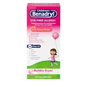 Children’s Benadryl Dye-& Sugar-Free Allergy Relief Liquid Medicine with Diphenhydramine HCl, Anti...