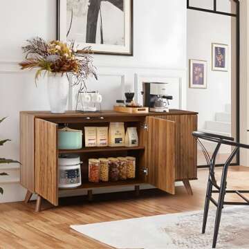 XUZENEST Fluted Sideboard Buffet Cabinet with Storage, Modern Storage Cabinet with 3 Doors, Wood Credenza Buffet Sideboards, Bar Cabinet Console Table for Kitchen Dining Living Room Entryway (Walnut)
