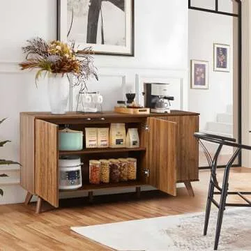 XUZENEST Fluted Sideboard Buffet Cabinet with Storage, Modern Storage Cabinet with 3 Doors, Wood Credenza Buffet Sideboards, Bar Cabinet Console Table for Kitchen Dining Living Room Entryway (Walnut)