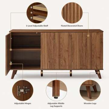 XUZENEST Fluted Sideboard Buffet Cabinet with Storage, Modern Storage Cabinet with 3 Doors, Wood Credenza Buffet Sideboards, Bar Cabinet Console Table for Kitchen Dining Living Room Entryway (Walnut)