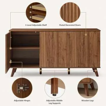 XUZENEST Fluted Sideboard Buffet Cabinet with Storage, Modern Storage Cabinet with 3 Doors, Wood Credenza Buffet Sideboards, Bar Cabinet Console Table for Kitchen Dining Living Room Entryway (Walnut)