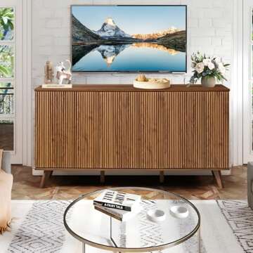 XUZENEST Fluted Sideboard Buffet Cabinet with Storage, Modern Storage Cabinet with 3 Doors, Wood Credenza Buffet Sideboards, Bar Cabinet Console Table for Kitchen Dining Living Room Entryway (Walnut)