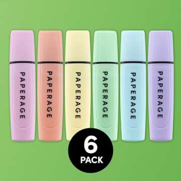 PAPERAGE Recycled Highlighters, Assorted Pastel Colors, Broad Chisel Tip Marker Pen & Highlighter Set, 6 Count