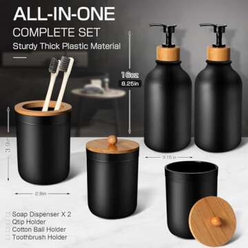 MIERTING Bathroom Accessories Set 5 Pcs, Matte Black, Plastic Soap Dispenser and Toothbrush Holder Set, Qtip & Cotton Ball Holder - Boho Decor