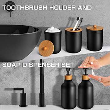 MIERTING Bathroom Accessories Set 5 Pcs, Matte Black, Plastic Soap Dispenser and Toothbrush Holder Set, Qtip & Cotton Ball Holder - Boho Decor