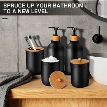 MIERTING Bathroom Accessories Set 5 Pcs, Matte Black, Plastic Soap Dispenser and Toothbrush Holder Set, Qtip & Cotton Ball Holder - Boho Decor