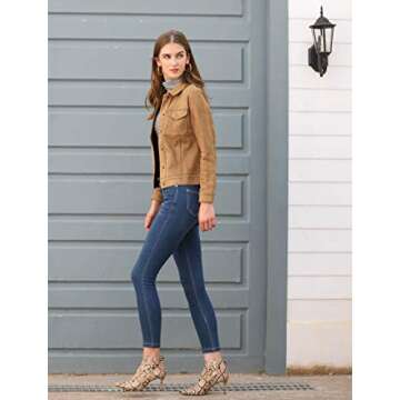 Allegra K Women's Turn-Down Collar Flap Pockets Snap Button Faux Suede Jacket Medium Brown