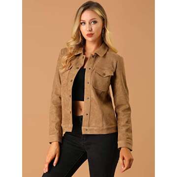 Allegra K Women's Turn-Down Collar Flap Pockets Snap Button Faux Suede Jacket Medium Brown