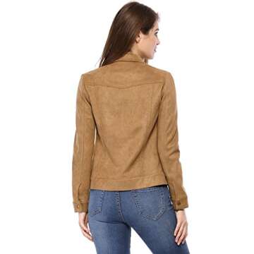 Allegra K Women's Turn-Down Collar Flap Pockets Snap Button Faux Suede Jacket Medium Brown