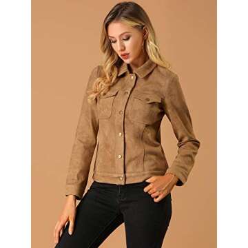 Allegra K Women's Turn-Down Collar Flap Pockets Snap Button Faux Suede Jacket Medium Brown
