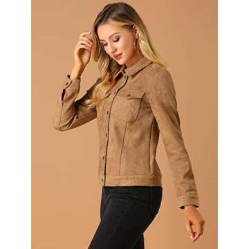 Allegra K Women's Turn-Down Collar Flap Pockets Snap Button Faux Suede Jacket Medium Brown