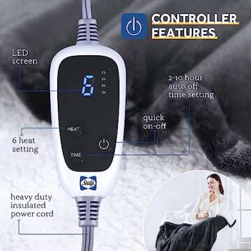 Sealy Electric Blanket with Foot Pocket for Adults, Flannel & Sherpa Heated Blanket Throw with 6 Heating Levels & 2-10 Hours Auto Shut Off, Fast Heating & Machine Washable, 50x62 Inch, Dark Grey