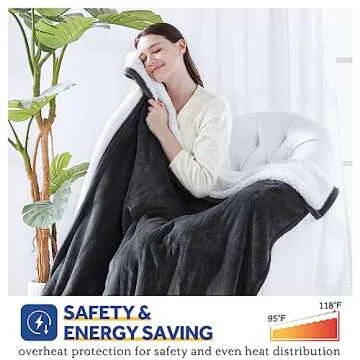 Sealy Electric Blanket with Foot Pocket for Adults, Flannel & Sherpa Heated Blanket Throw with 6 Heating Levels & 2-10 Hours Auto Shut Off, Fast Heating & Machine Washable, 50x62 Inch, Dark Grey