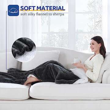 Sealy Electric Blanket with Foot Pocket for Adults, Flannel & Sherpa Heated Blanket Throw with 6 Heating Levels & 2-10 Hours Auto Shut Off, Fast Heating & Machine Washable, 50x62 Inch, Dark Grey