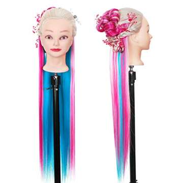 Mannequin Head with Hair Practice Doll , ORGUJA Cosmotologist Doll head for Hair Styling with Stand , 30in Synthetic Fiber Rainbow Hair Manikin Head , Training Hairdresser Head with Braid Set
