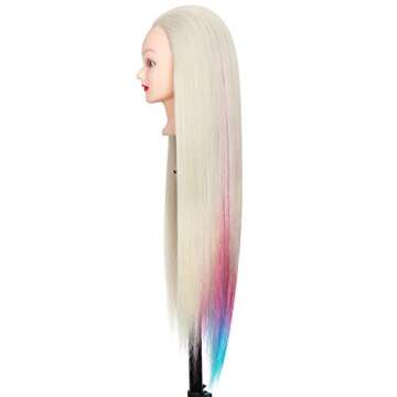 Mannequin Head with Hair Practice Doll , ORGUJA Cosmotologist Doll head for Hair Styling with Stand , 30in Synthetic Fiber Rainbow Hair Manikin Head , Training Hairdresser Head with Braid Set