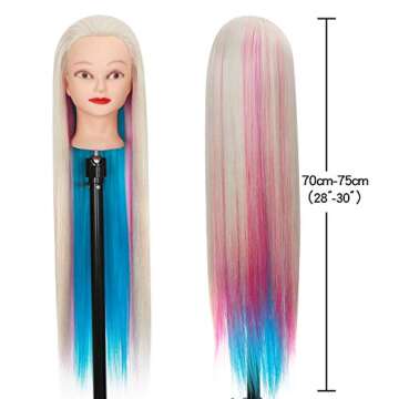 Mannequin Head with Hair Practice Doll , ORGUJA Cosmotologist Doll head for Hair Styling with Stand , 30in Synthetic Fiber Rainbow Hair Manikin Head , Training Hairdresser Head with Braid Set