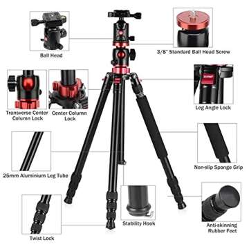 ZOMEi 75'' Tripod,Camera Tripod for DSLR,Ball Head Tripod Professional Tripods 4 Section Horizontal Tripod with 360 Degree Ball Head Plate for Canon DSLR DV Scope Camcorder and Projector